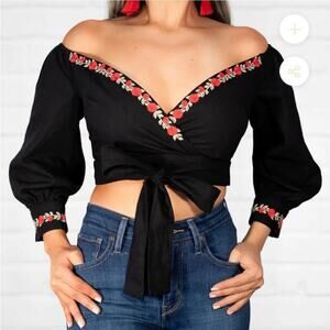 Herencia Collection Rose Embroidered Wrap Top L Cotton Linen Cottage Whimsigoth